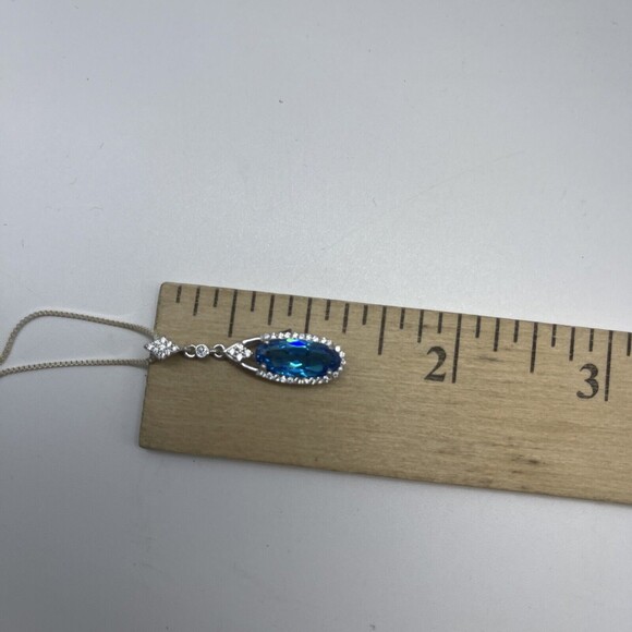 925 Sterling Silver Chain With 925 CZ Aqua Blue Stone Pendant New - Picture 7 of 9